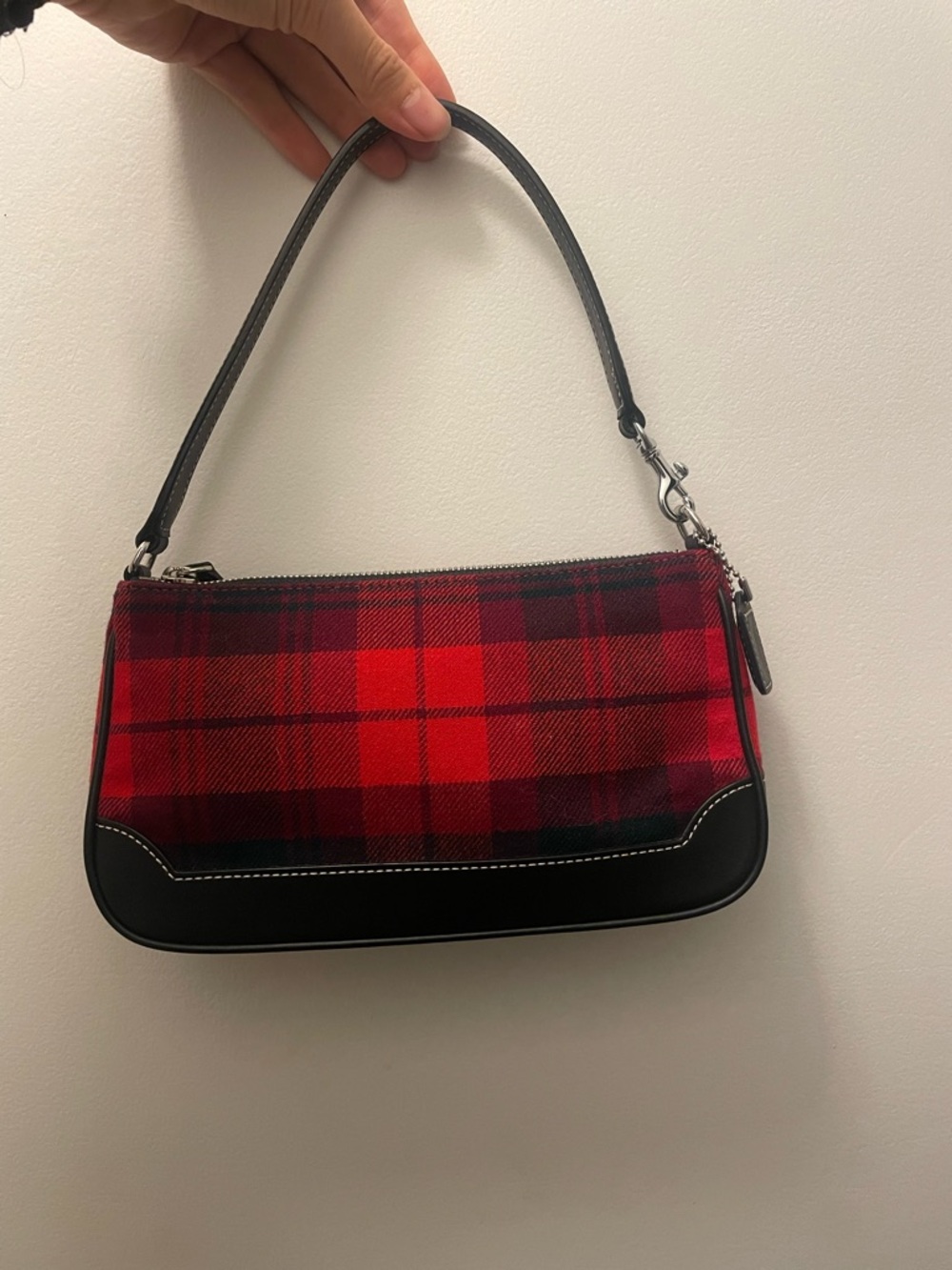 Rare Authentic Coach Demi Bag Red and Black Plaid Tartan with Black Leather Trim